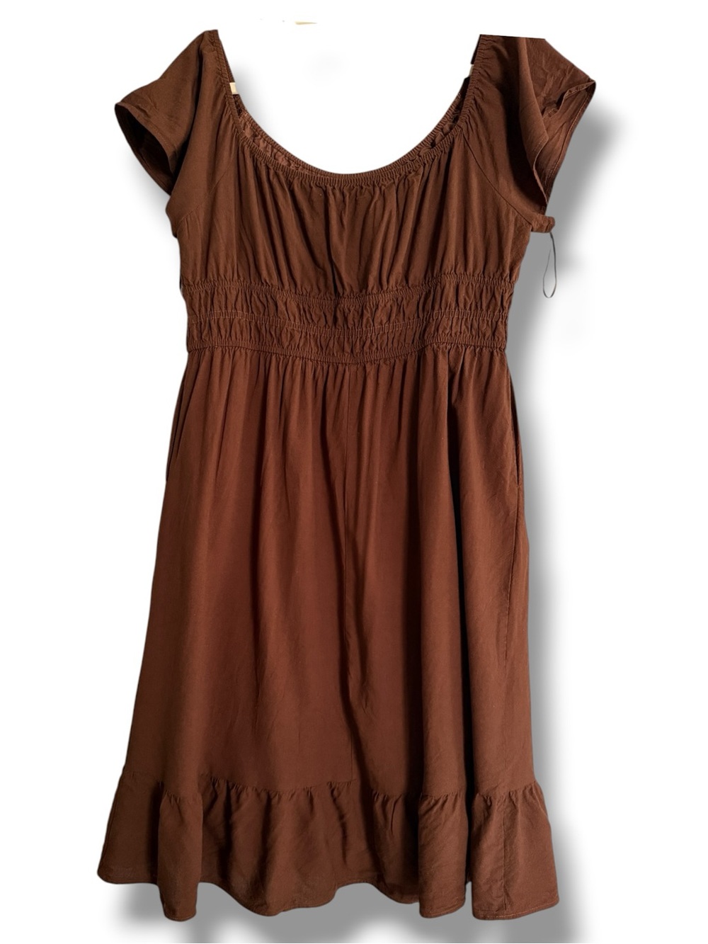 Shiny By Nature Poem Linen Blend Peasant Dress Size Large Smocked Waist Brown - Picture 5 of 9
